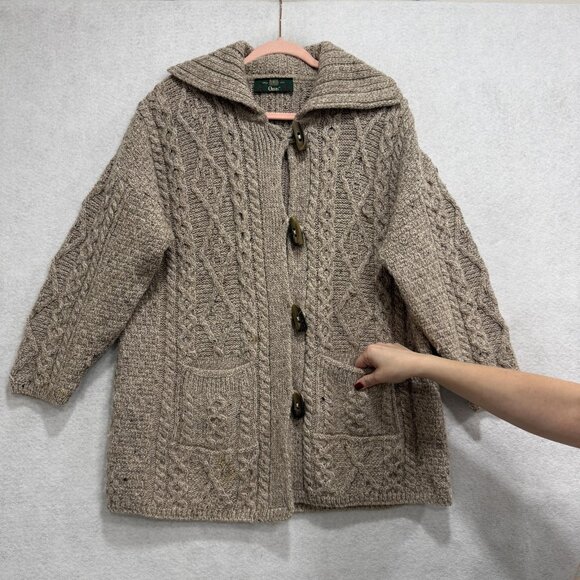 Made in Ireland Hooded Cardigan Sweater Womens Large Oatmeal Aran Cable Knit - Picture 7 of 15